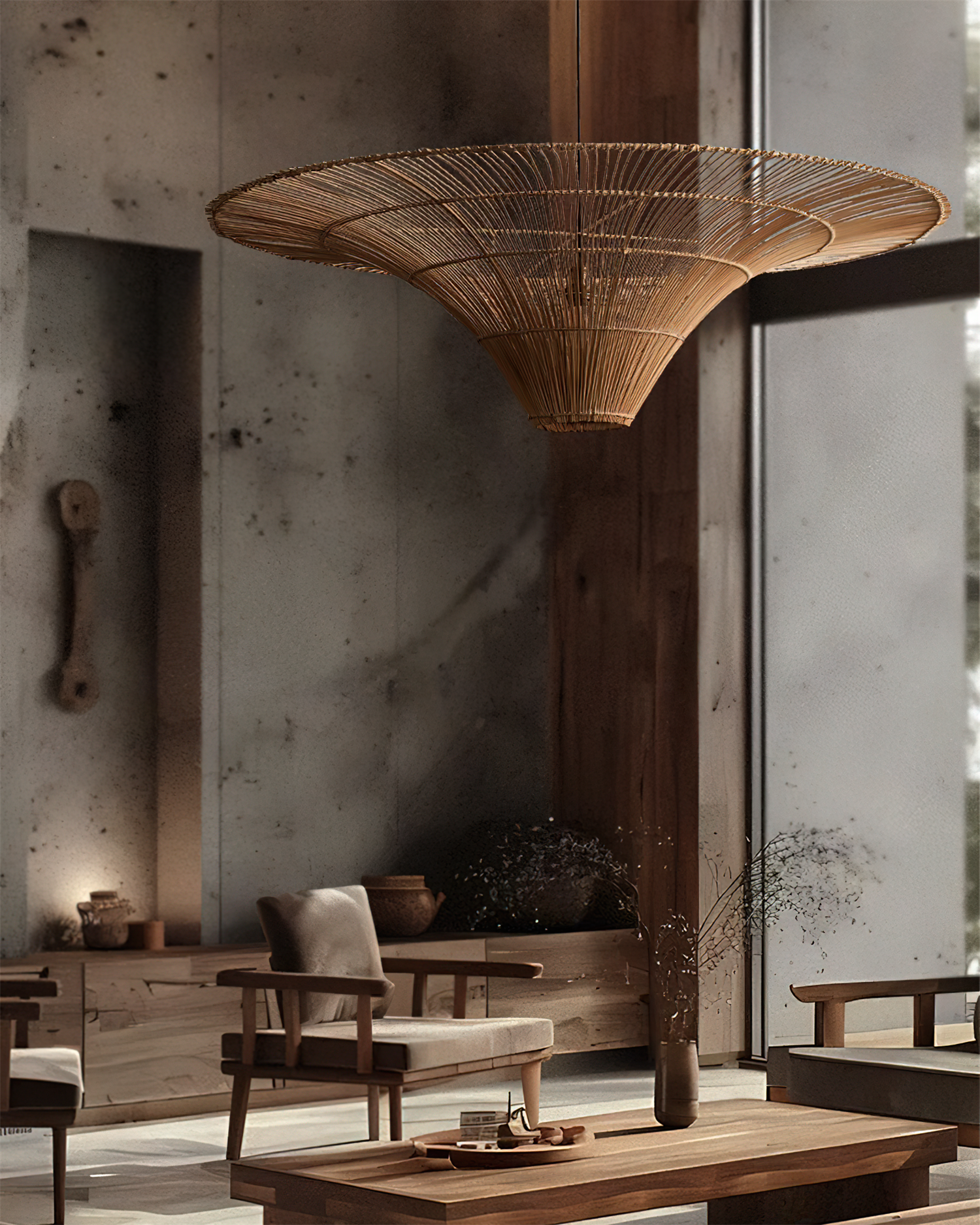 Juvia Pendelleuchte Rattan Natur Handgeflochten Breiter Schirm-Letslighting
