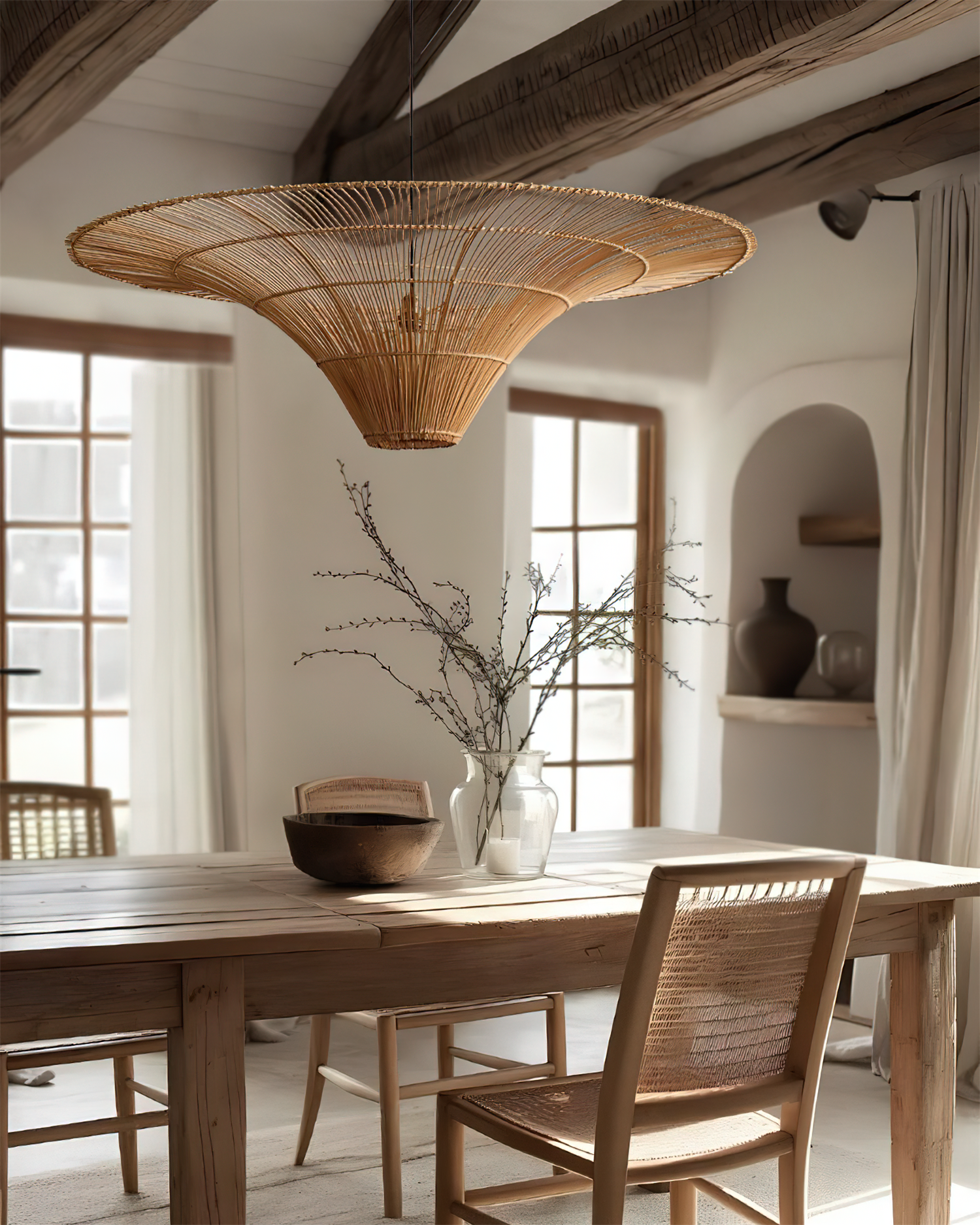 Juvia Pendelleuchte Rattan Natur Handgeflochten Breiter Schirm-Letslighting