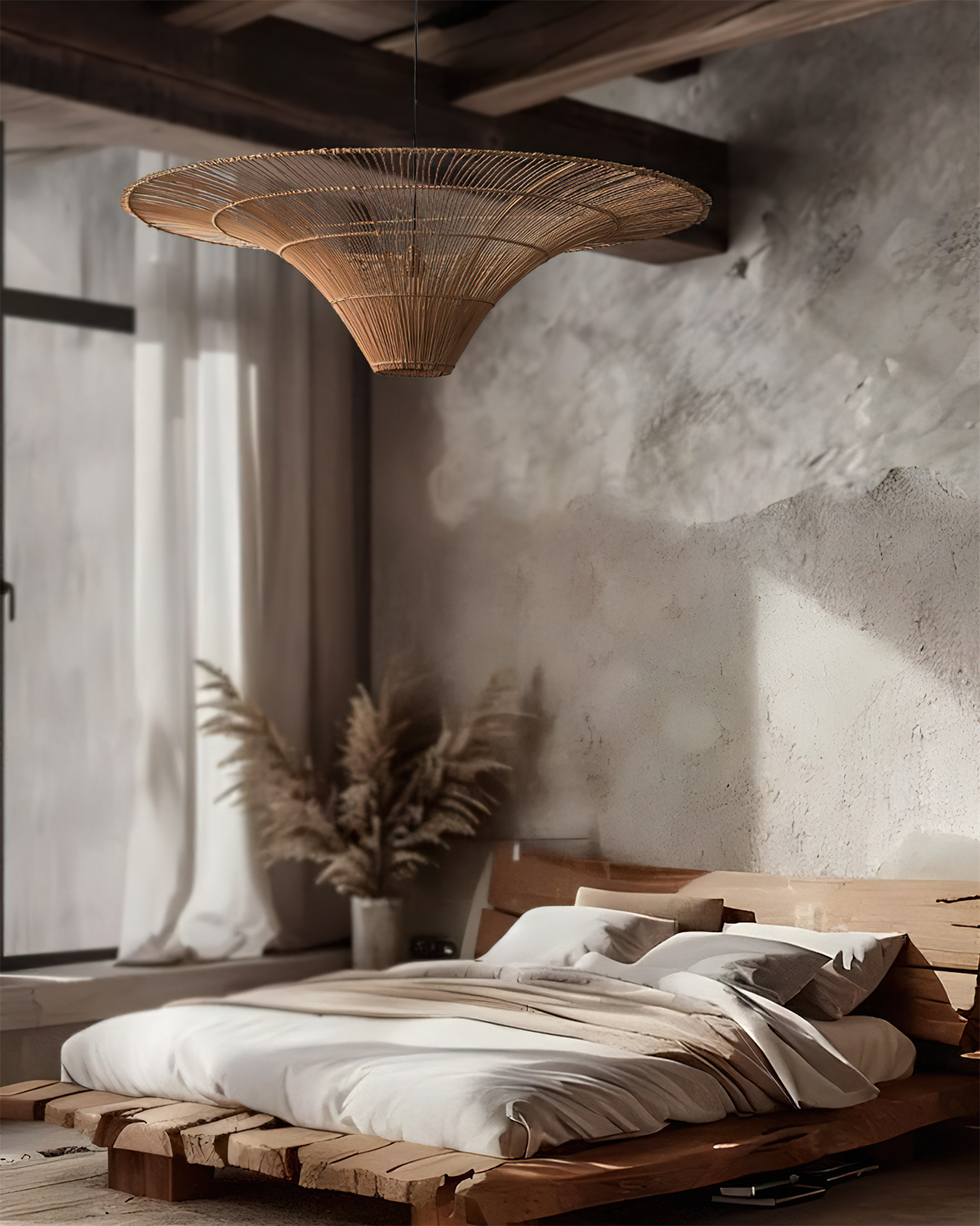 Juvia Pendelleuchte Rattan Natur Handgeflochten Breiter Schirm-Letslighting