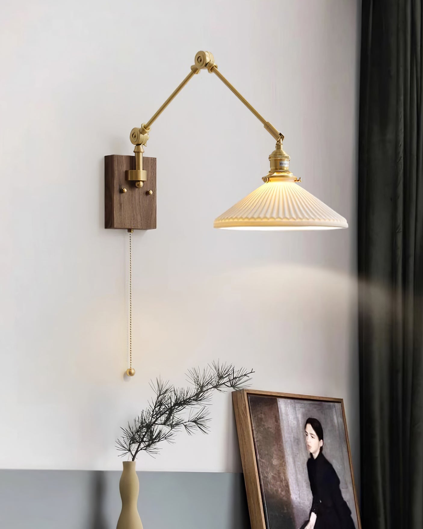 Wandleuchte Verstellbar Arm Gefeilt Schirm Walnuss Basis Vintage Task-Letslighting