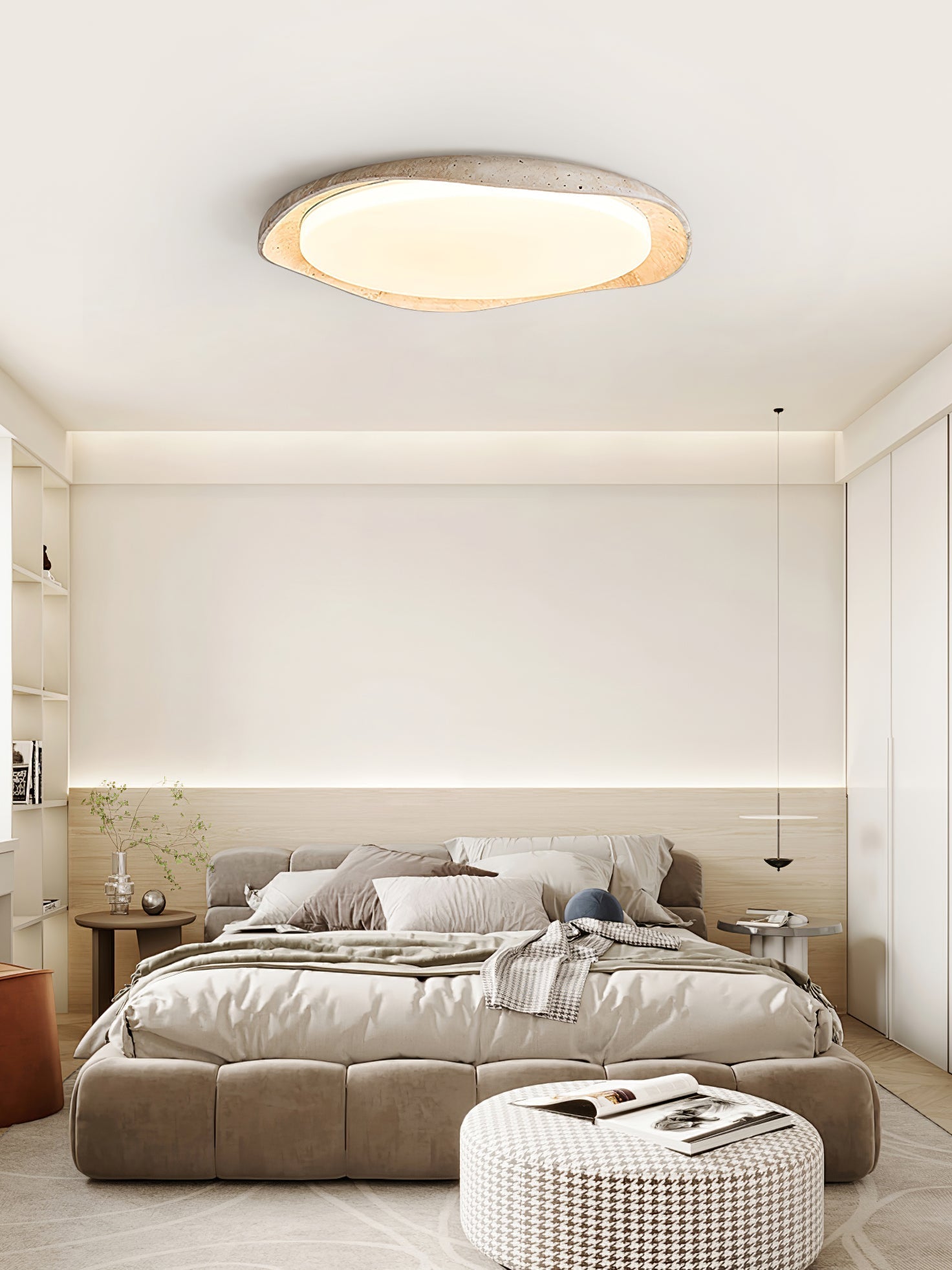 Adoros Rimmed-Circle Travertine Ceiling Light - Neutralighting