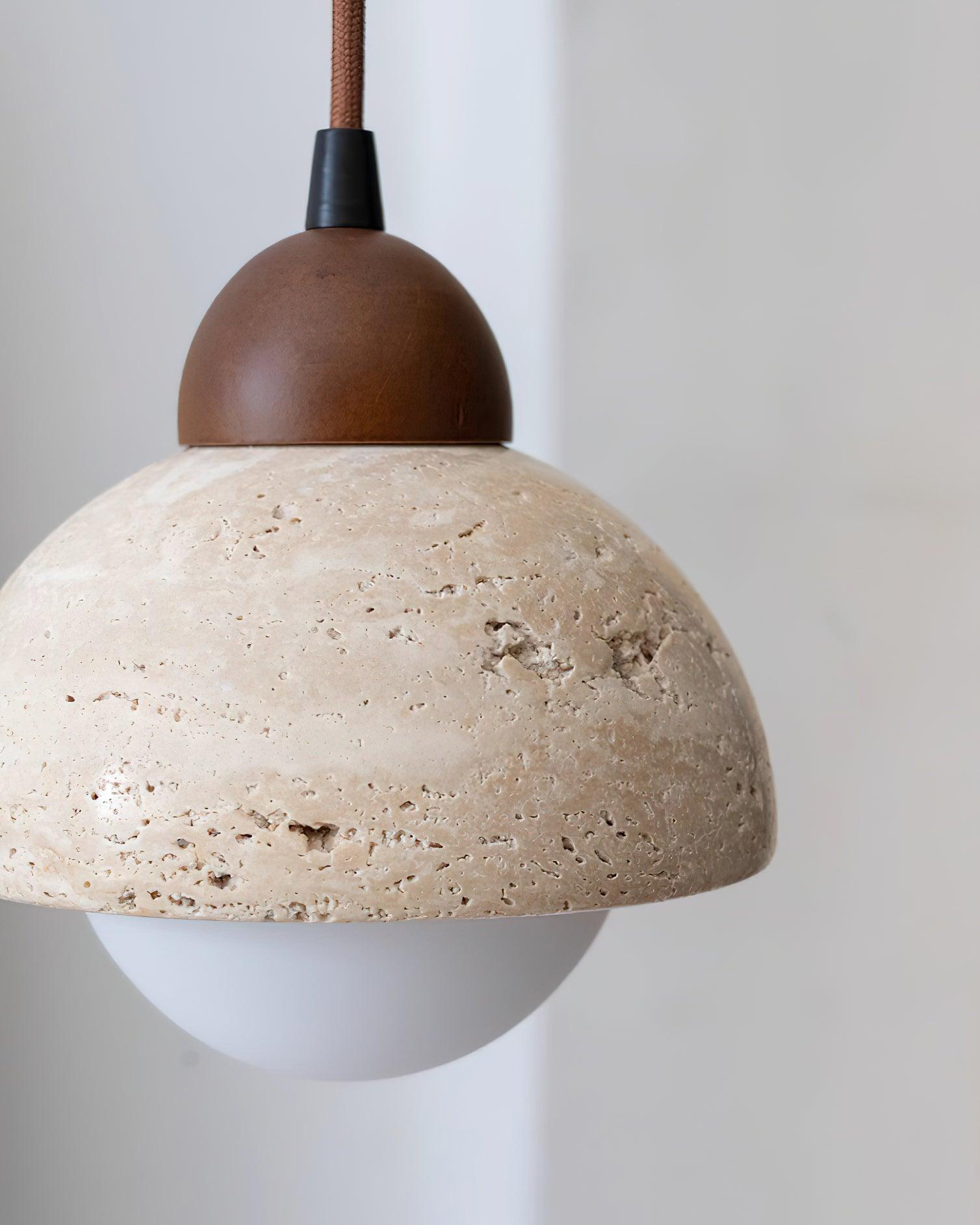 Pendant Lamp Wood Top Yellow Travertine Glass Shade White Beige Modern - Letslighting