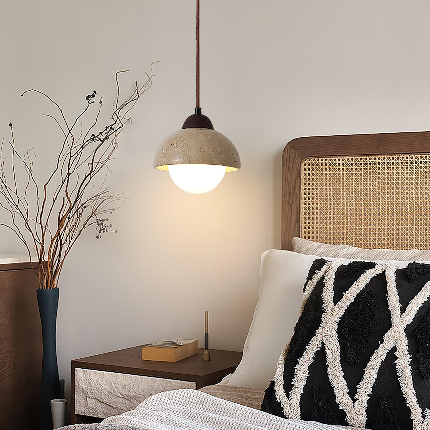 Pendant Lamp Wood Top Yellow Travertine Glass Shade White Beige Modern - Letslighting