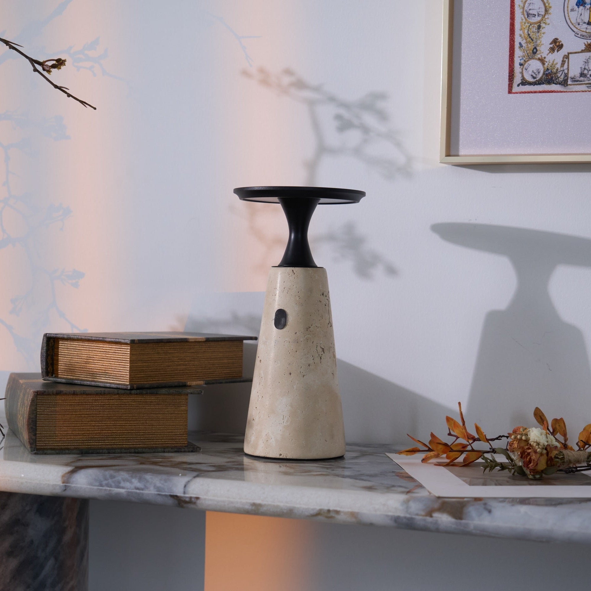 Vespera Sculptural Travertine Table Lamp - Neutralighting