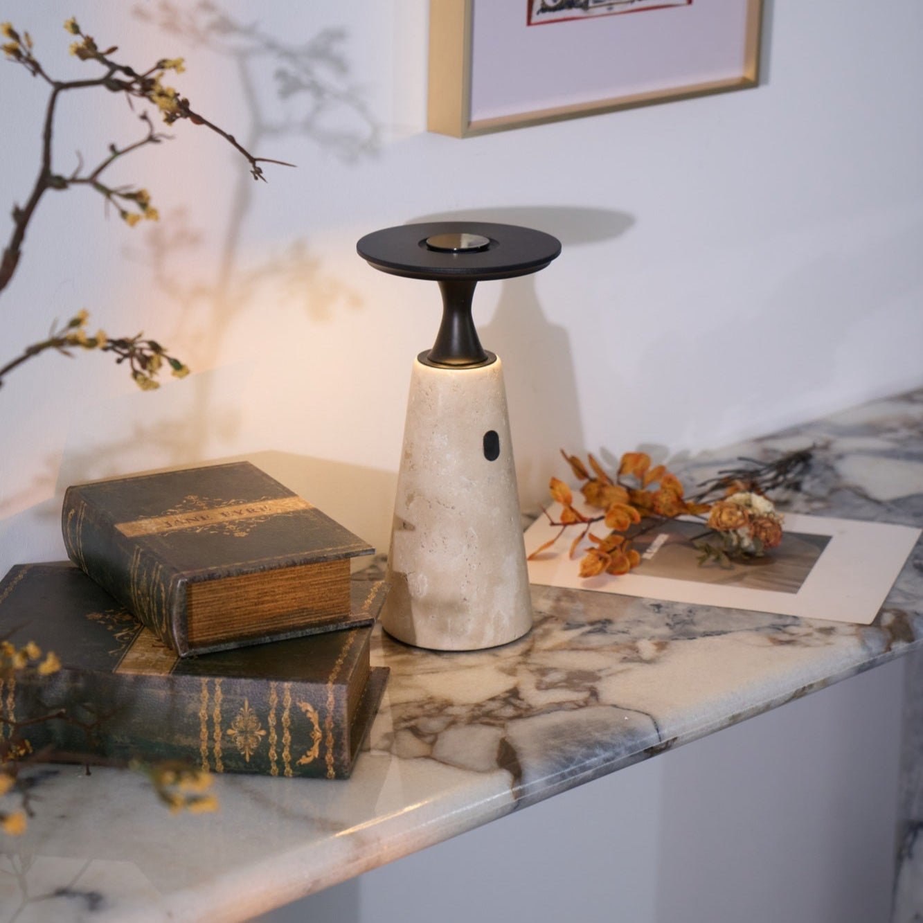 Vespera Sculptural Travertine Table Lamp - Neutralighting