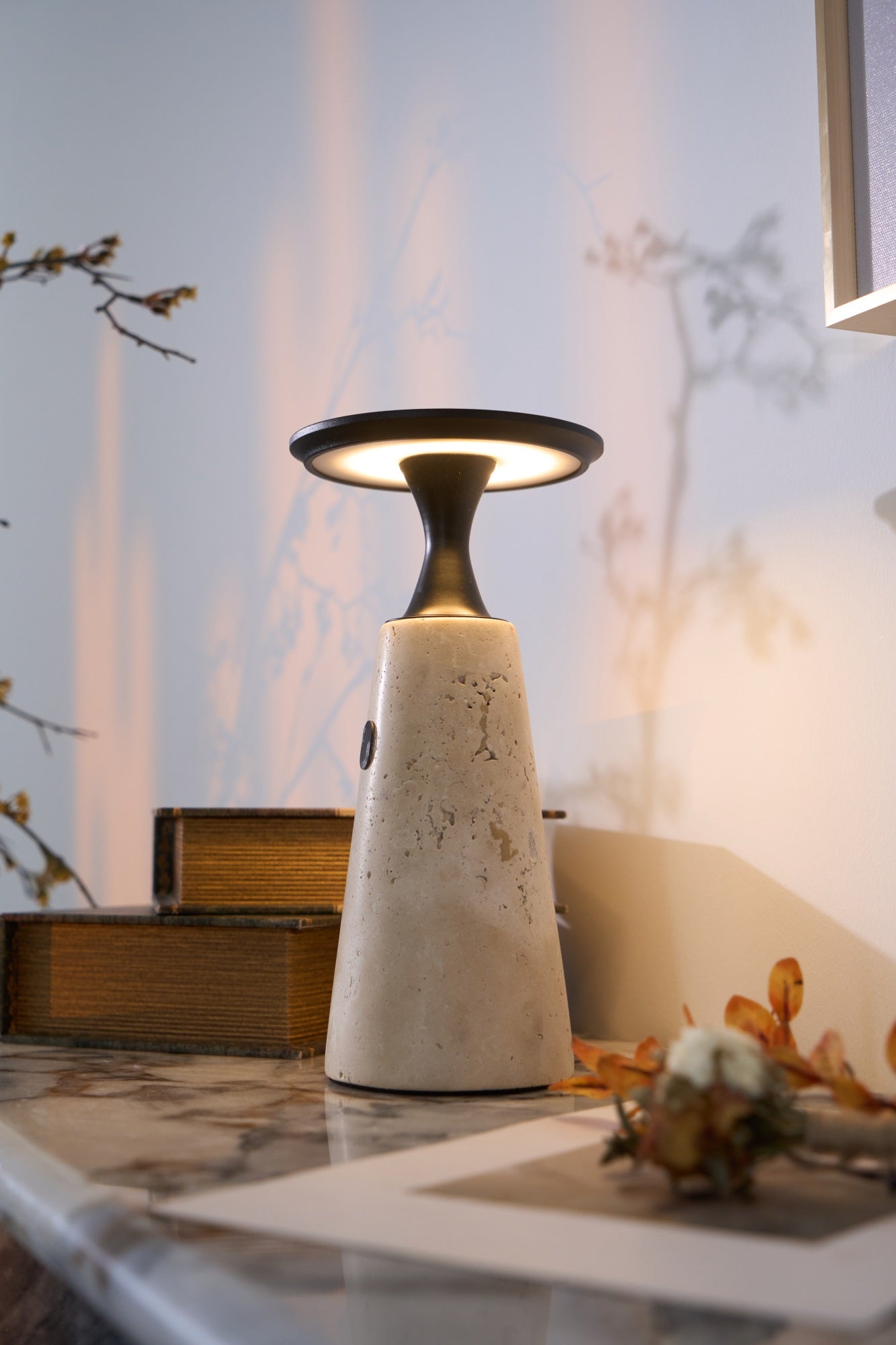 Vespera Sculptural Travertine Table Lamp - Neutralighting