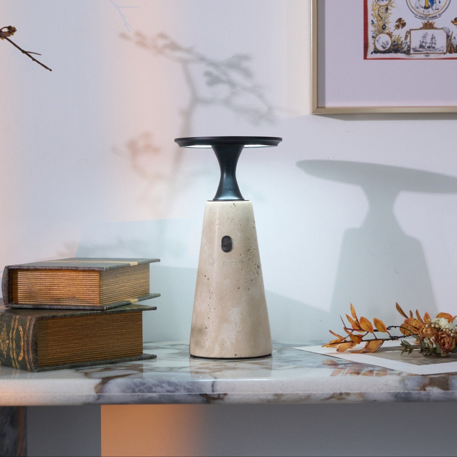 Vespera Sculptural Travertine Table Lamp - Neutralighting