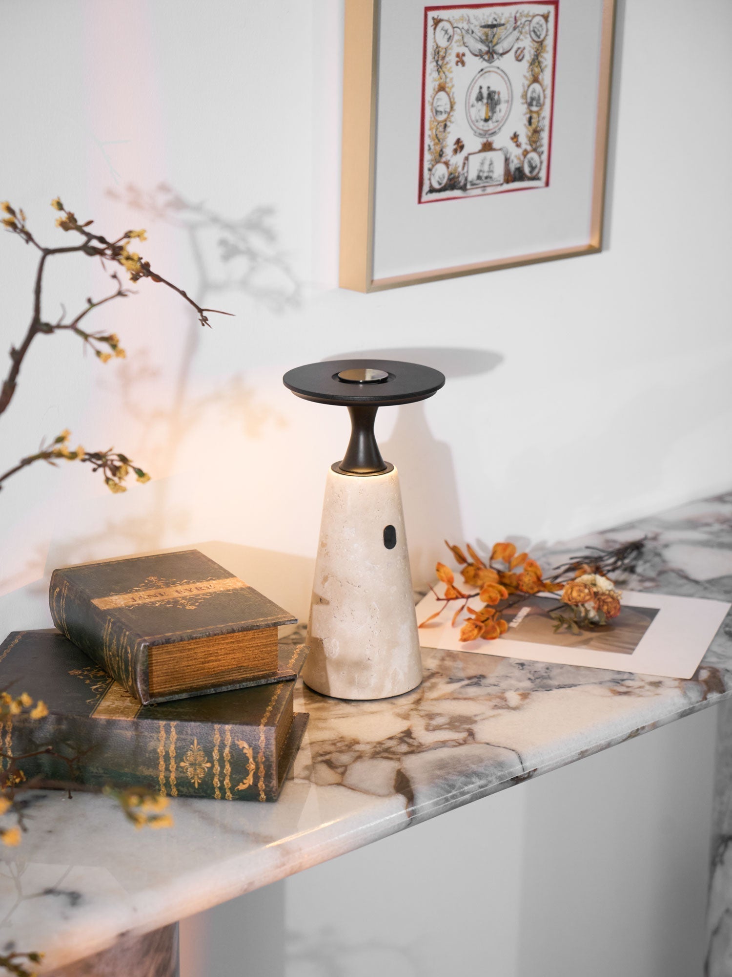 Vespera Sculptural Travertine Table Lamp - Neutralighting
