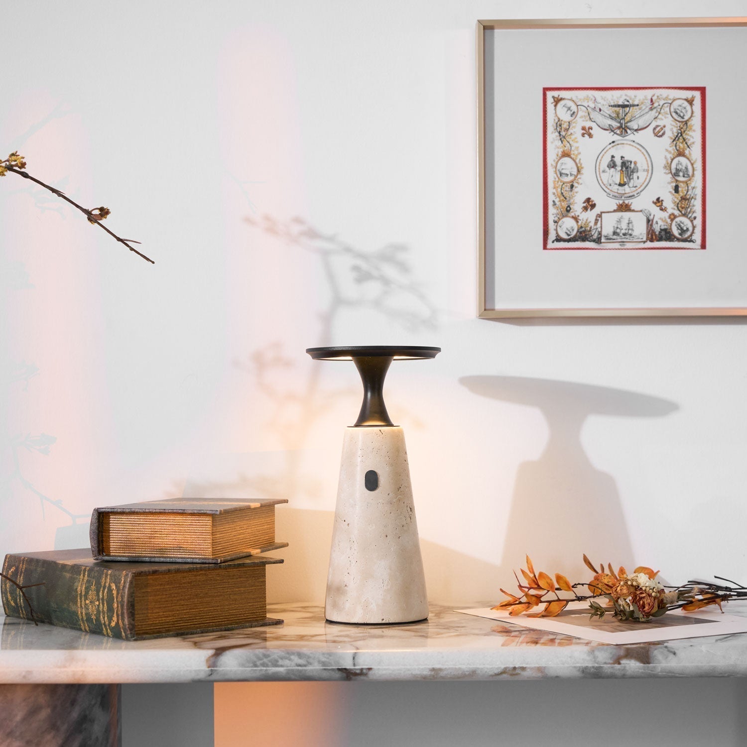 Vespera Sculptural Travertine Table Lamp - Neutralighting