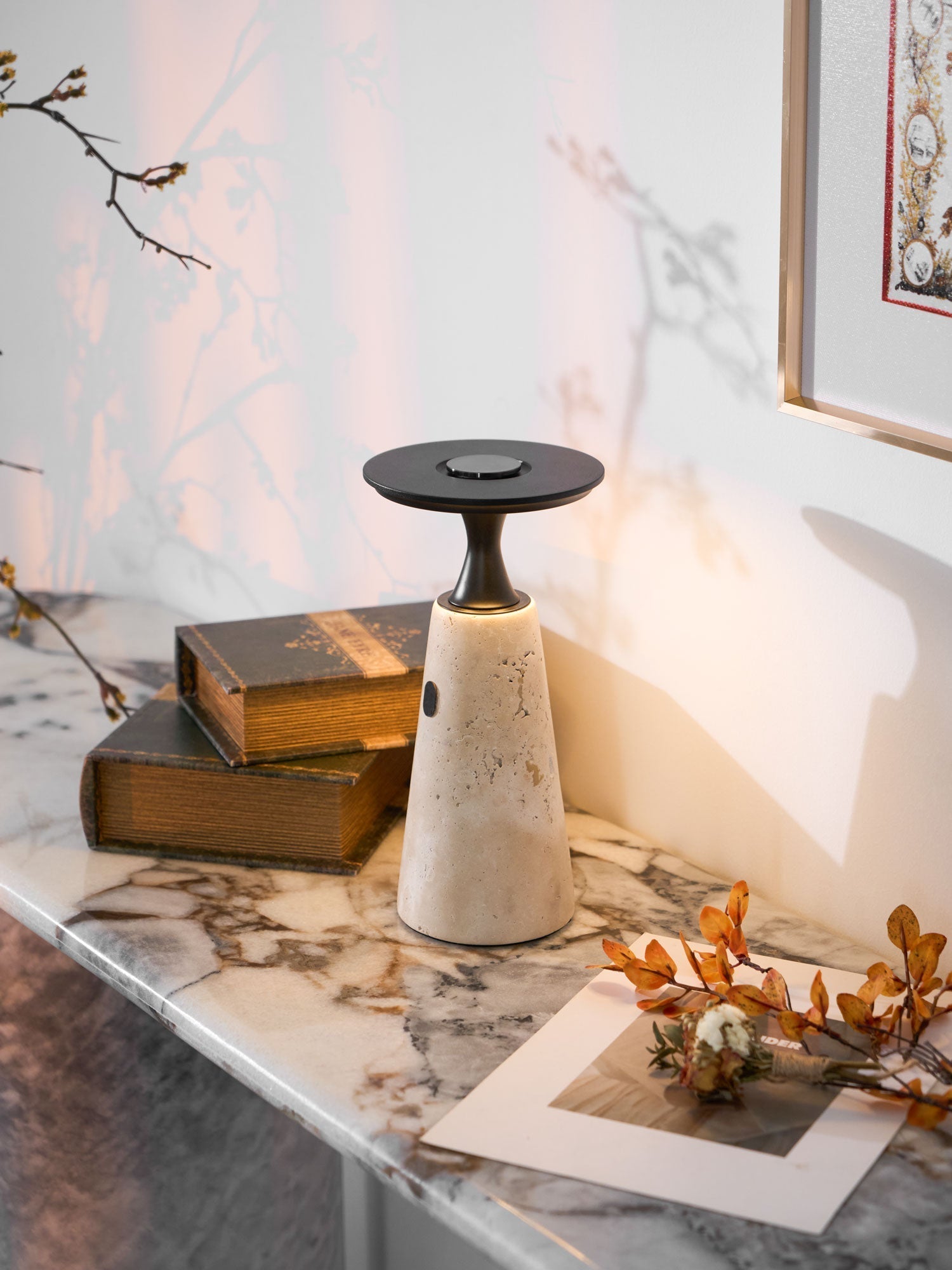 Vespera Sculptural Travertine Table Lamp - Neutralighting