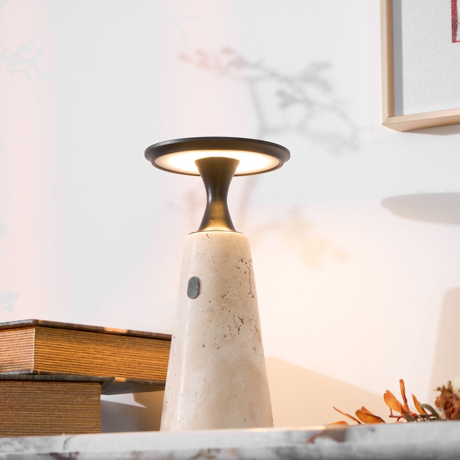 Vespera Sculptural Travertine Table Lamp - Neutralighting