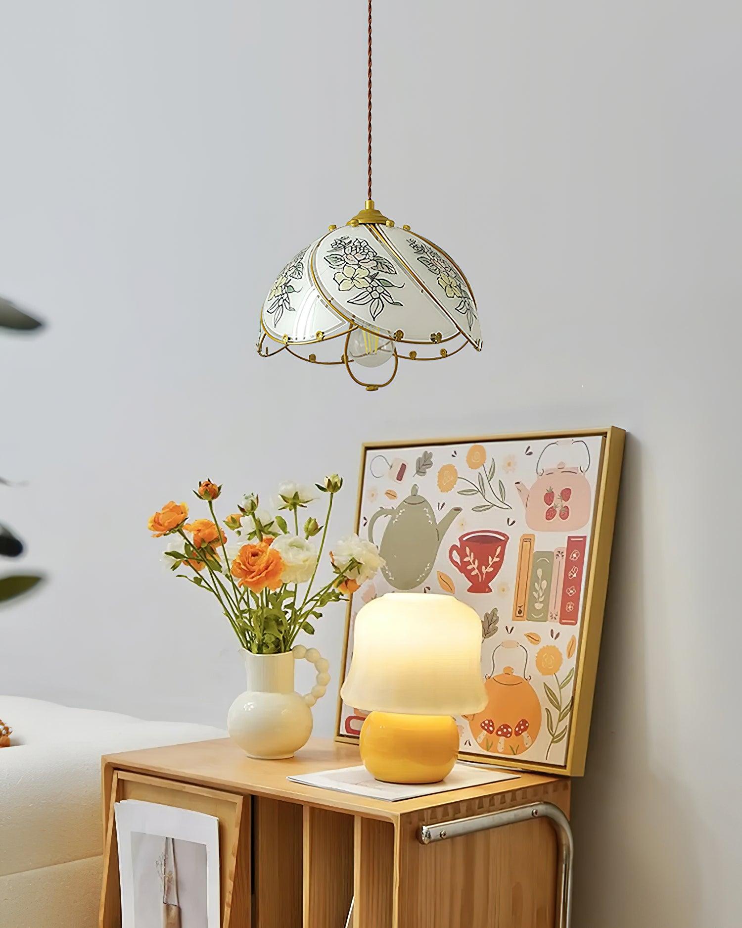 Pendelleuchte Glasblütenschirm Metallgestell Vintage-Letslighting