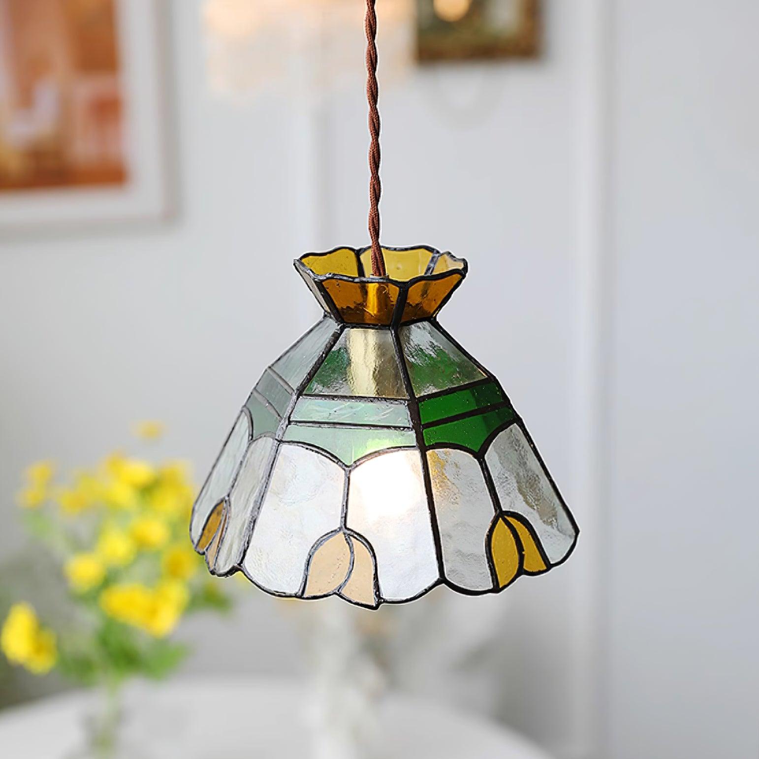 Eldine Pendelleuchte Vintage Buntglas Grün & Bernstein-Letslighting