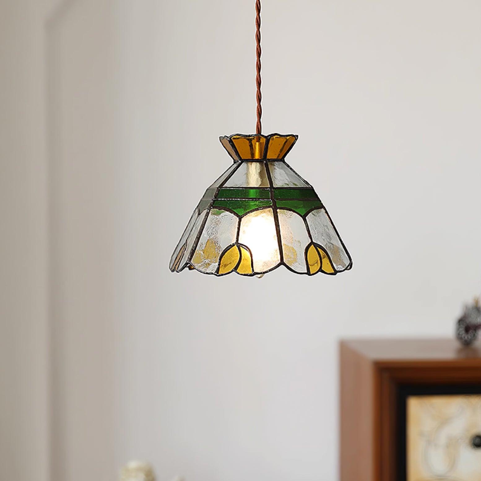 Eldine Pendelleuchte Vintage Buntglas Grün & Bernstein-Letslighting