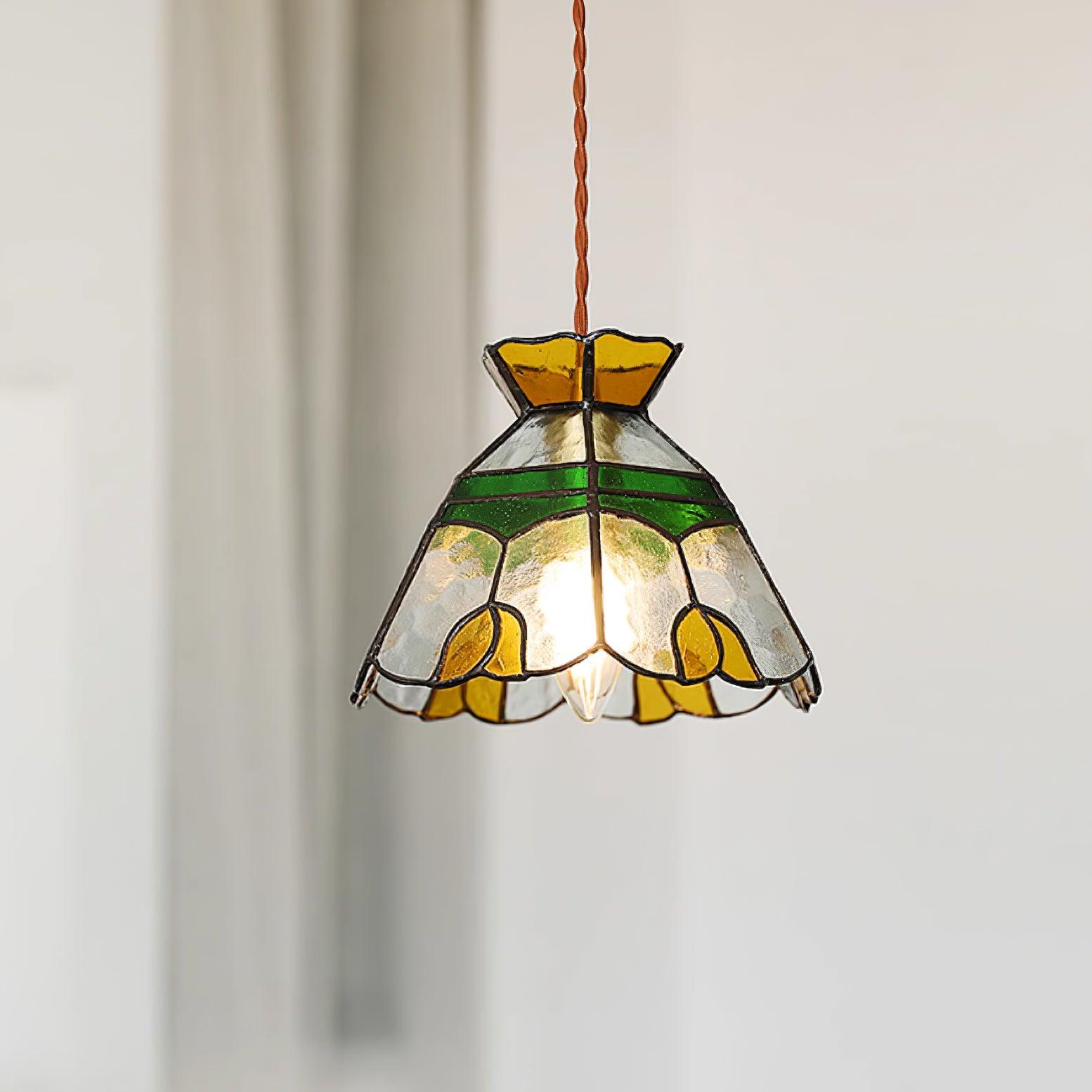 Eldine Pendelleuchte Vintage Buntglas Grün & Bernstein-Letslighting