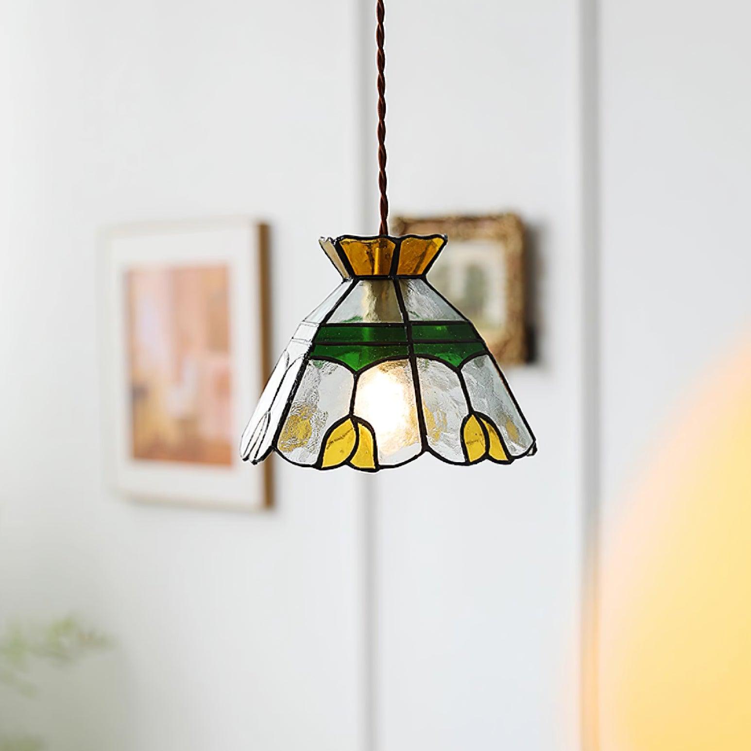Eldine Pendelleuchte Vintage Buntglas Grün & Bernstein-Letslighting