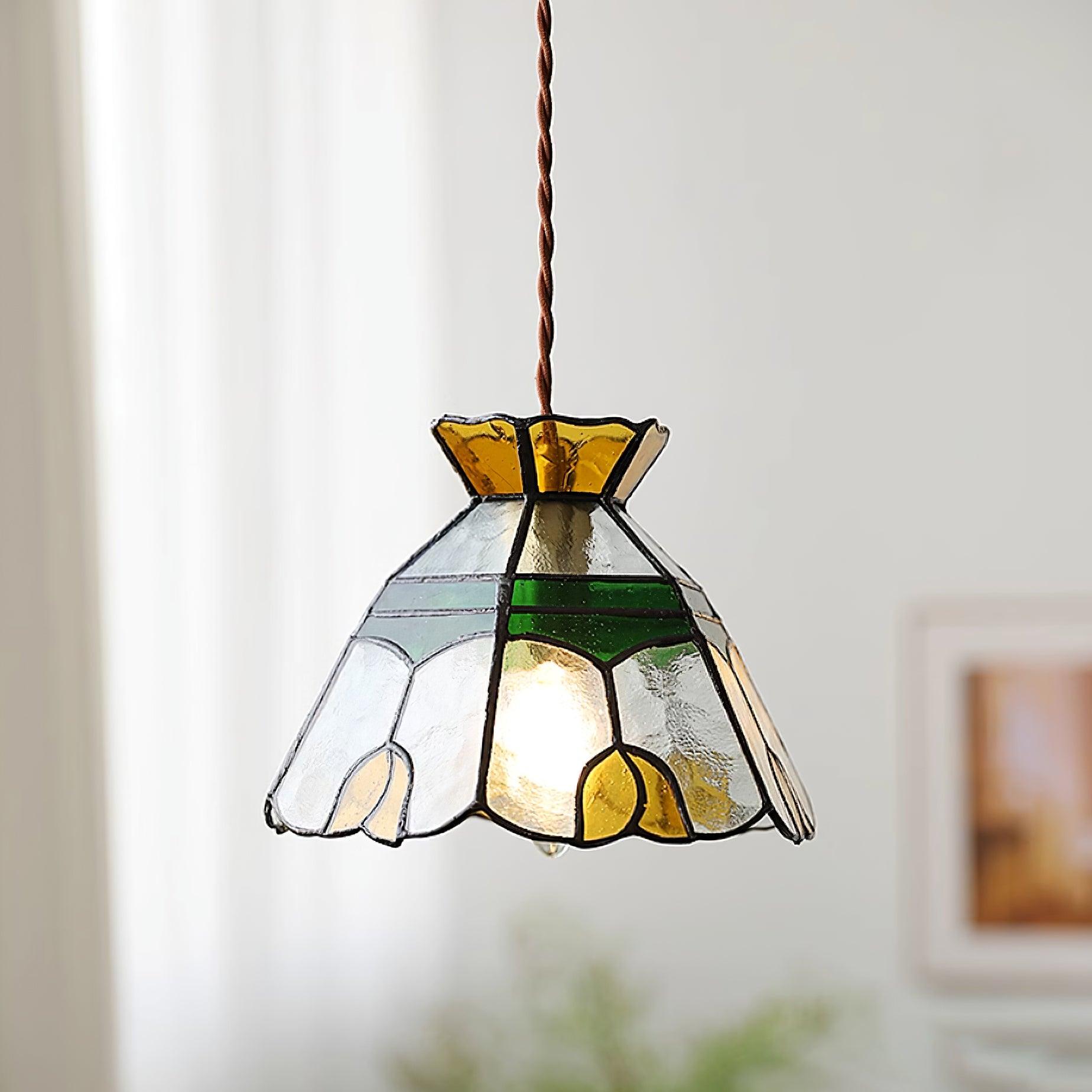 Eldine Pendelleuchte Vintage Buntglas Grün & Bernstein-Letslighting