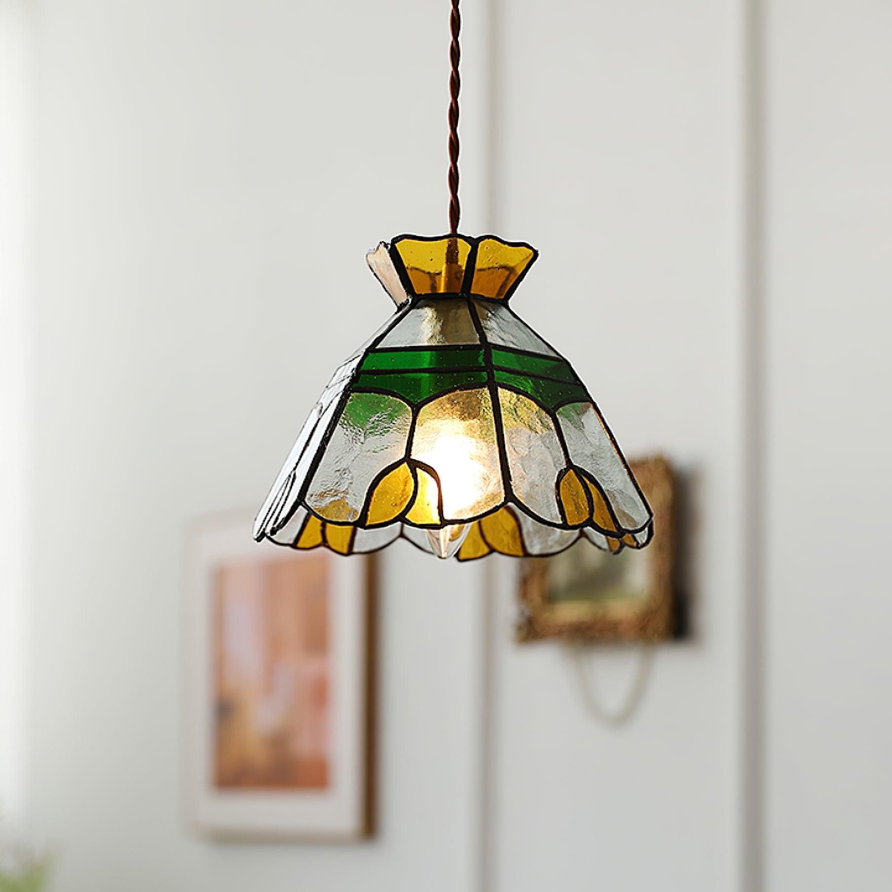 Eldine Pendelleuchte Vintage Buntglas Grün & Bernstein-Letslighting