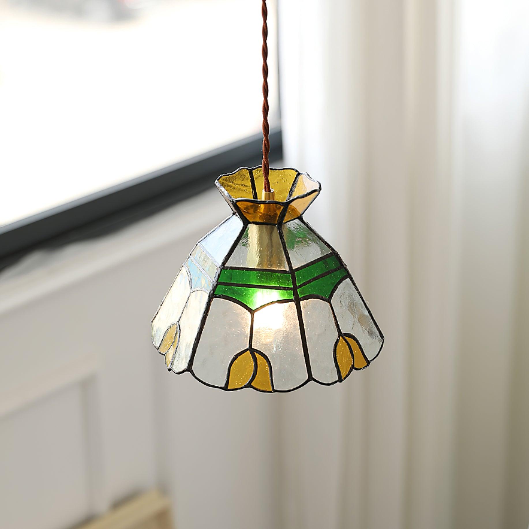 Eldine Pendelleuchte Vintage Buntglas Grün & Bernstein-Letslighting