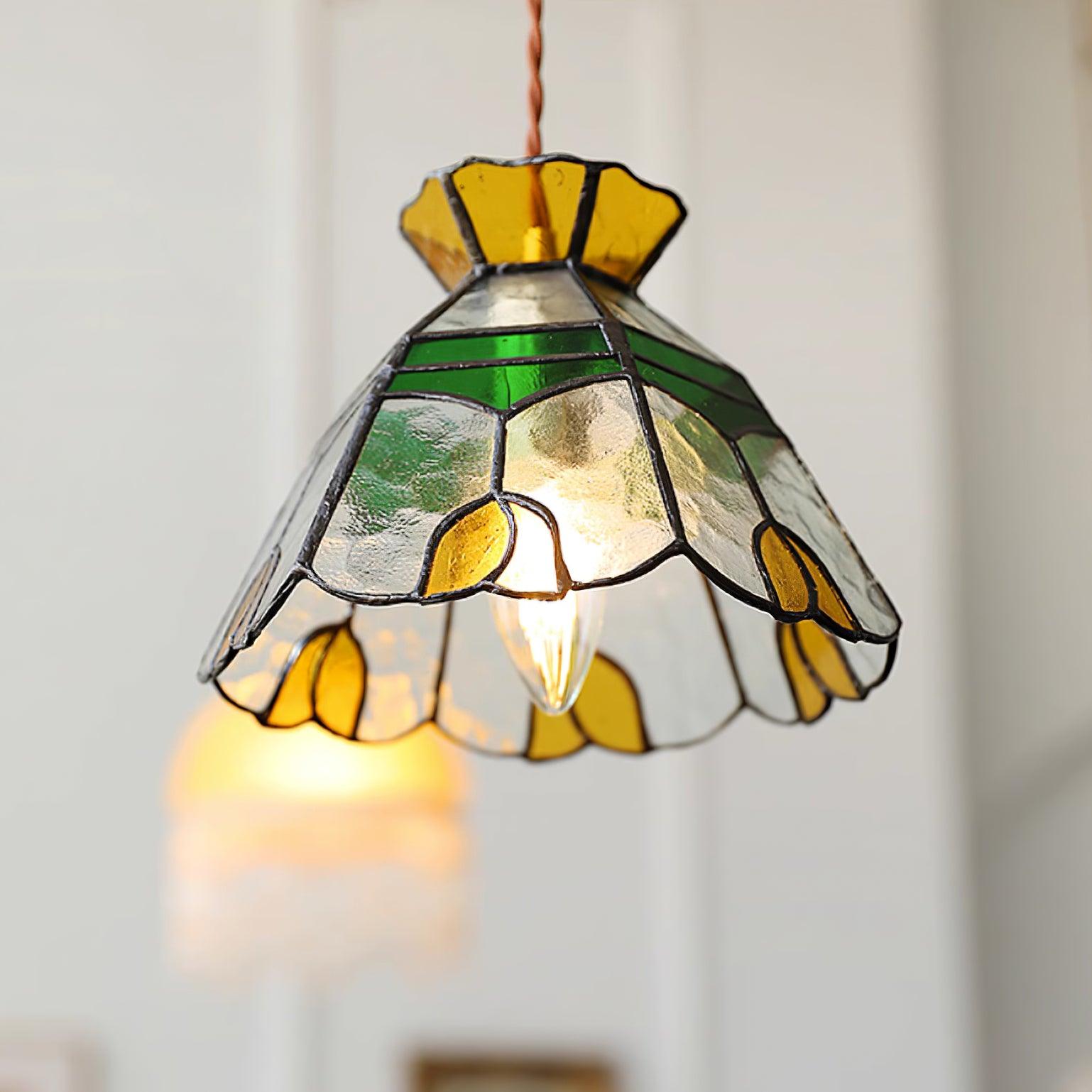 Eldine Pendelleuchte Vintage Buntglas Grün & Bernstein-Letslighting