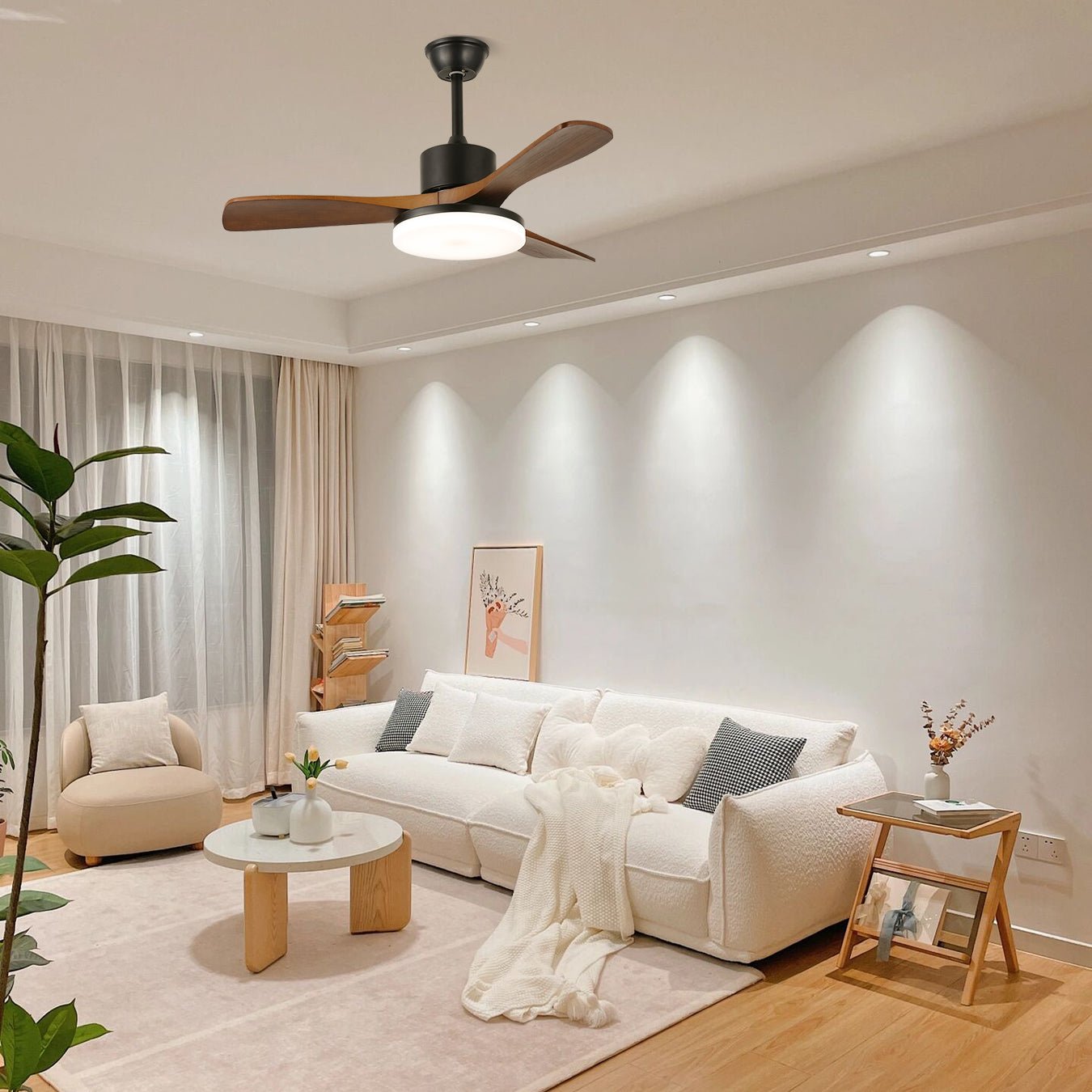Darian Minimalistischer Deckenventilator mit Holzoptik und Beleuchtung, Modell C, 52 Zoll Durchmesser