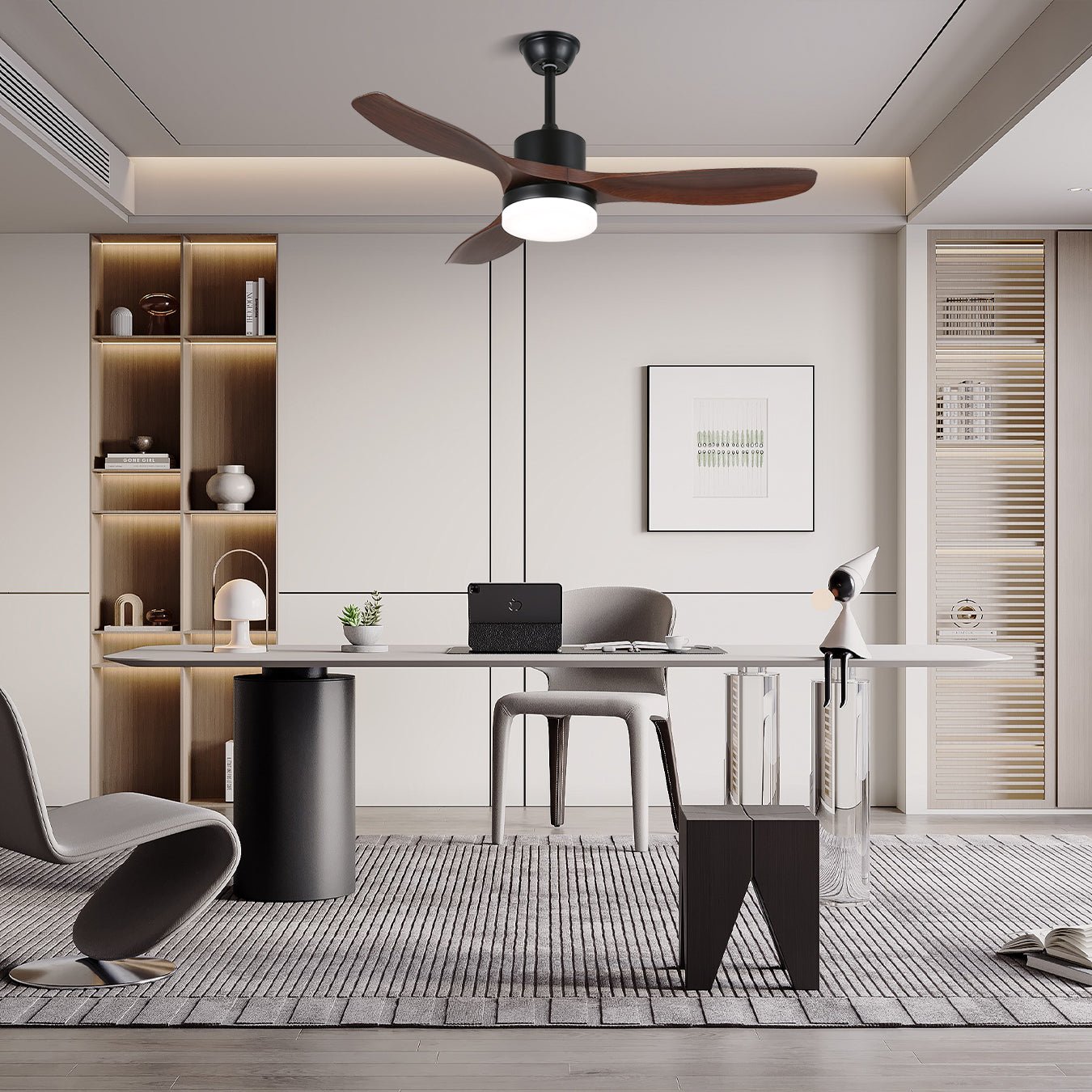 Darian Minimalistischer Deckenventilator mit Holzoptik und Beleuchtung, Modell C, 48 Zoll Durchmesser