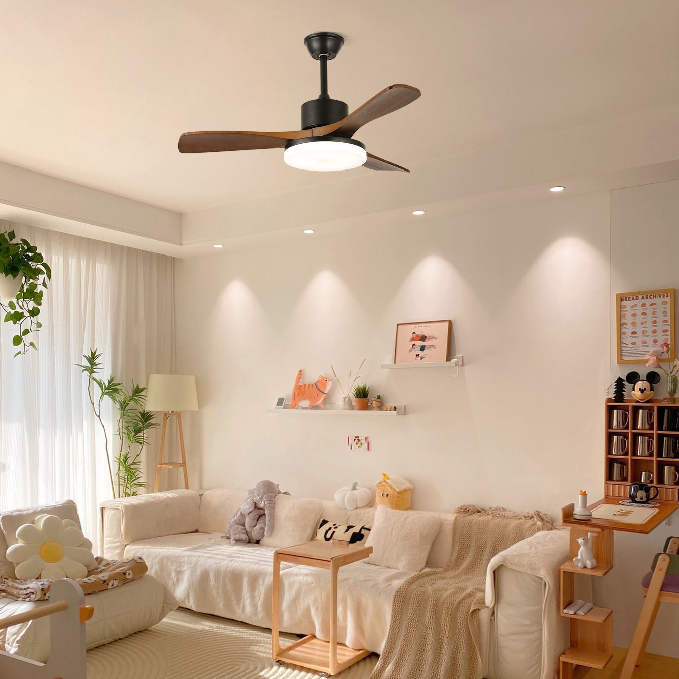 Darian Minimalistischer Deckenventilator mit Holzoptik und Beleuchtung, Modell D, 48 Zoll Durchmesser