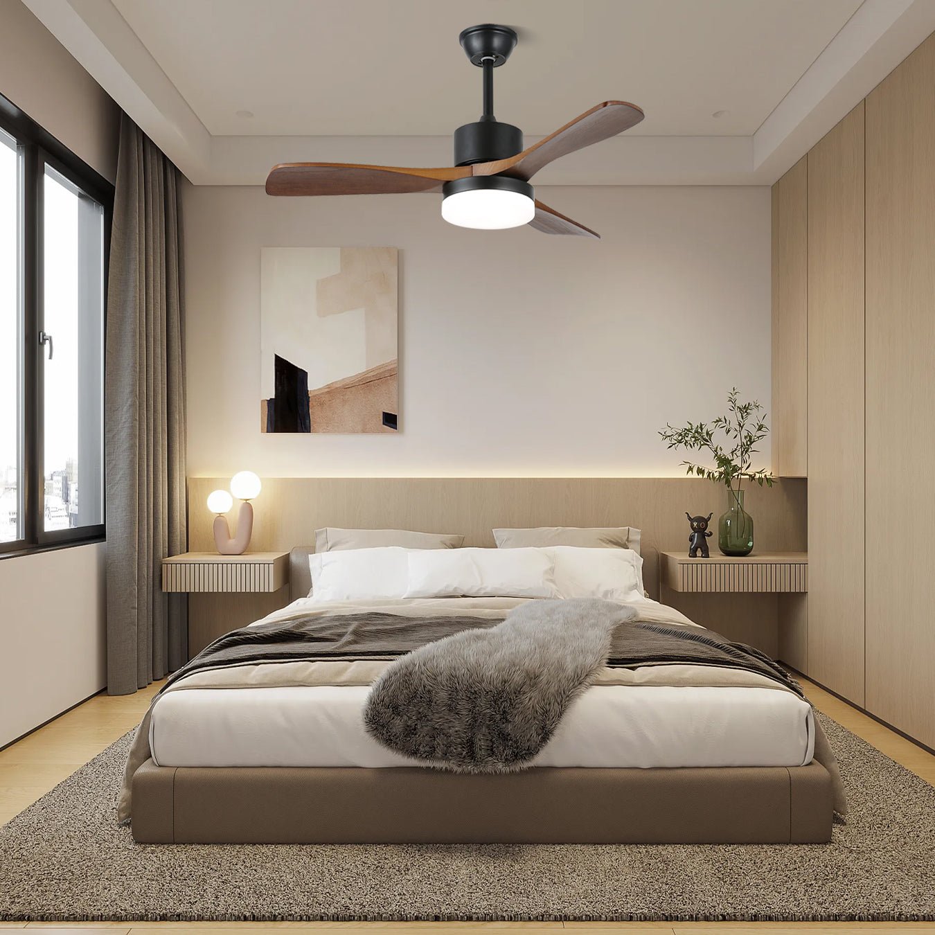 Darian Minimalistischer Deckenventilator mit Holzoptik und Beleuchtung, Modell B, 48 Zoll Durchmesser