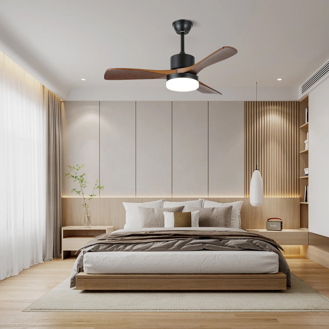 Darian Minimalistischer Deckenventilator mit Holzoptik und Beleuchtung, Modell A, 52 Zoll Durchmesser