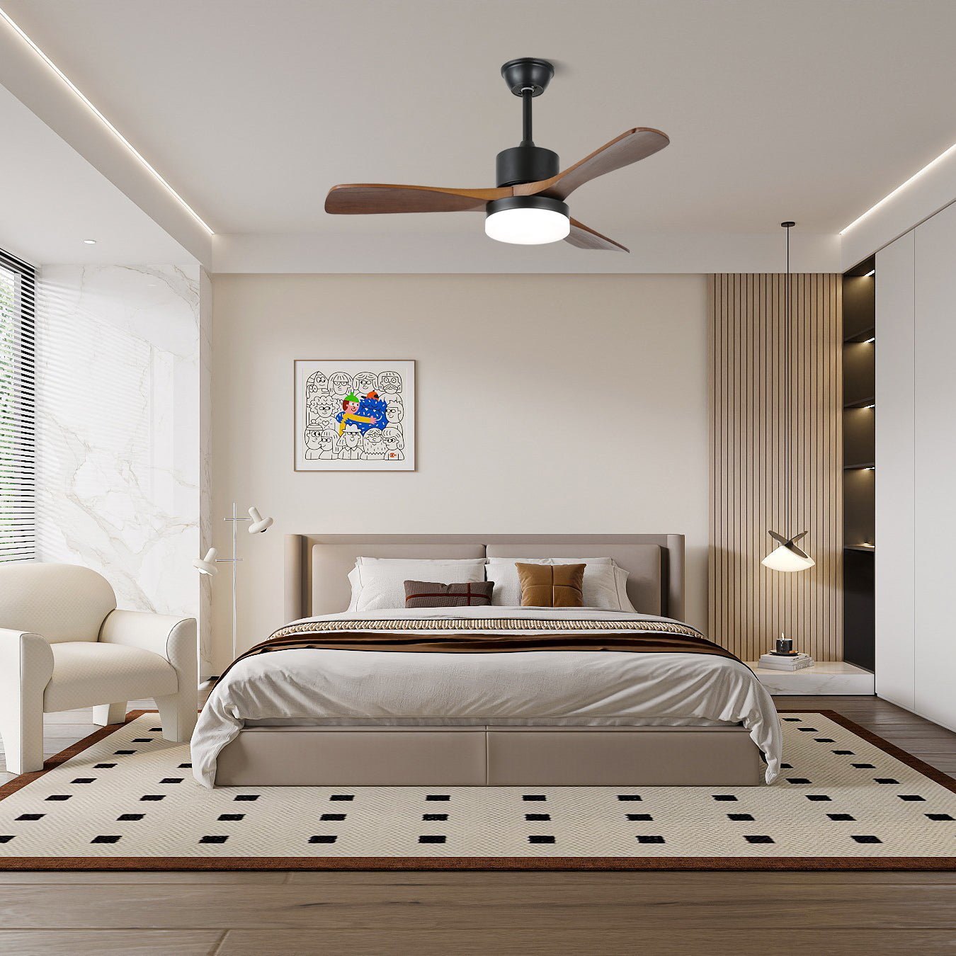 Darian Minimalistischer Deckenventilator mit Holzoptik und Beleuchtung, Modell B, 52 Zoll Durchmesser
