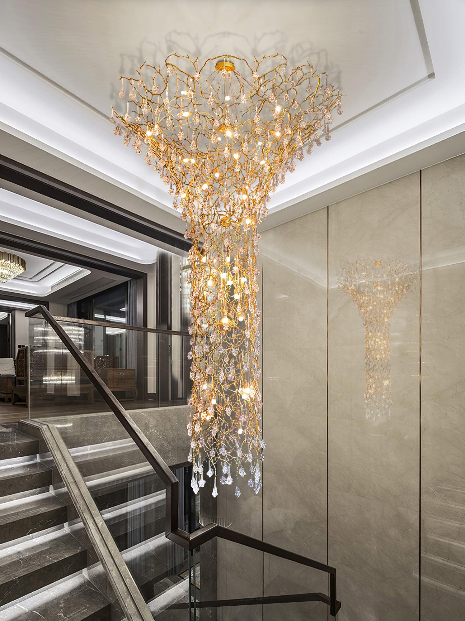 Abeleisa Tree Branch Staircase Brass Crystal Chandelier - Blowlighting
