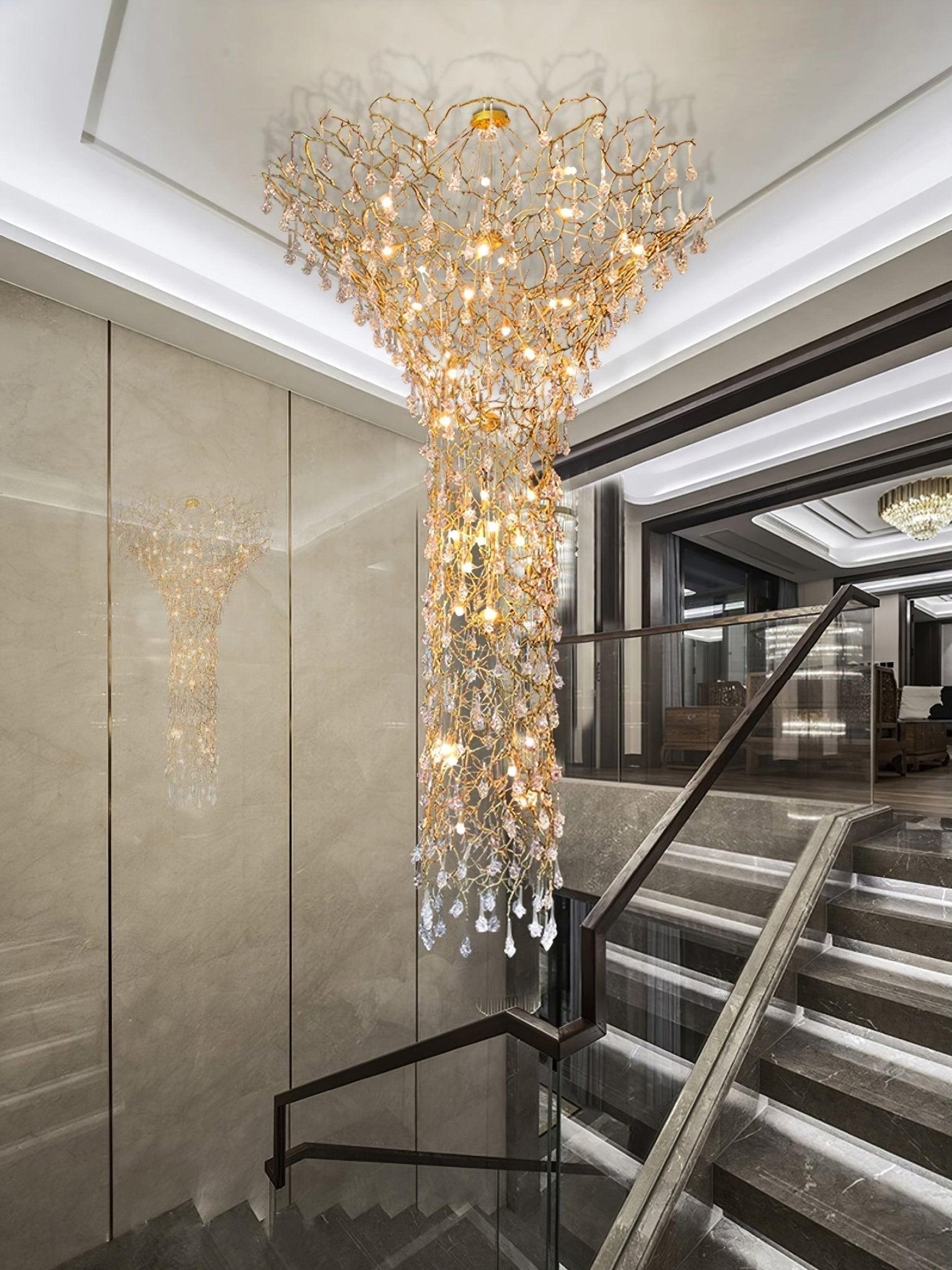 Abeleisa Tree Branch Staircase Brass Crystal Chandelier - Blowlighting
