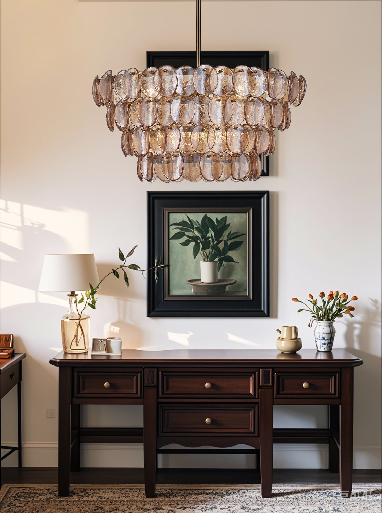 Aurora Chandelier Amber Glass Disc Fish Scale Brass - Neutralighting