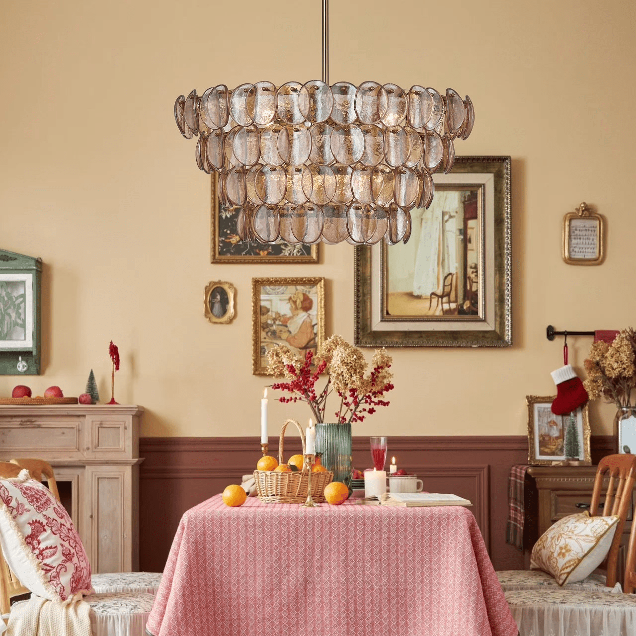 Aurora Chandelier Amber Glass Disc Fish Scale Brass - Neutralighting