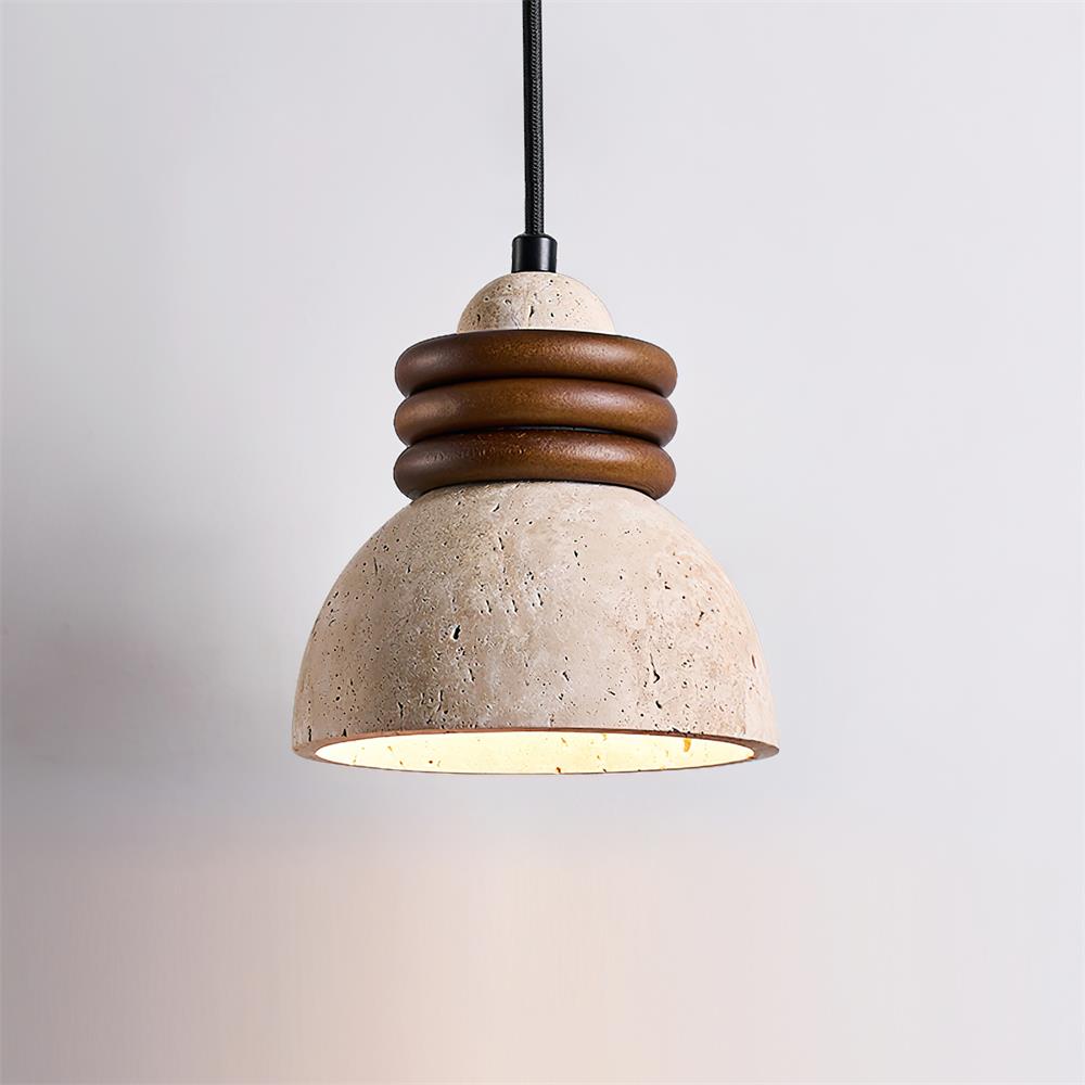 Pendant Lamp Travertine Dome Walnut Wood Rings Ambient Minimalist - Letslighting