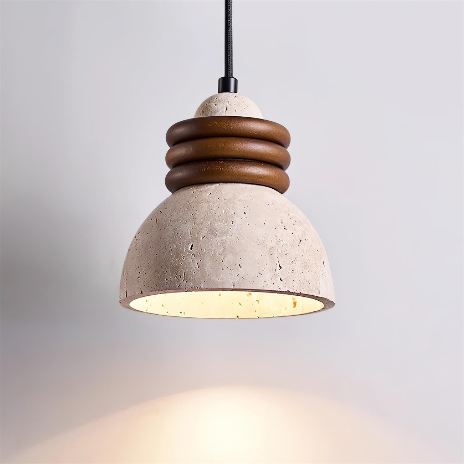 Pendant Lamp Travertine Dome Walnut Wood Rings Ambient Minimalist - Letslighting