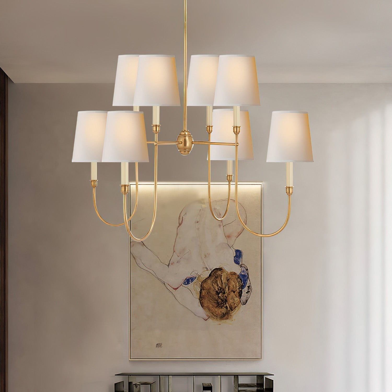 Nyshair Industrieller Vintage Kronleuchter aus Messing mit Stoffbezug-Letslighting