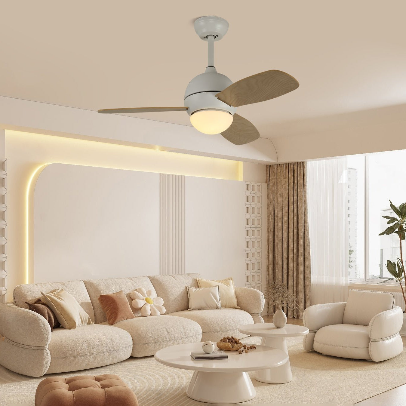 Detailansicht der Fernbedienung und Funktionen der Vevo Deckenventilatorleuchte.