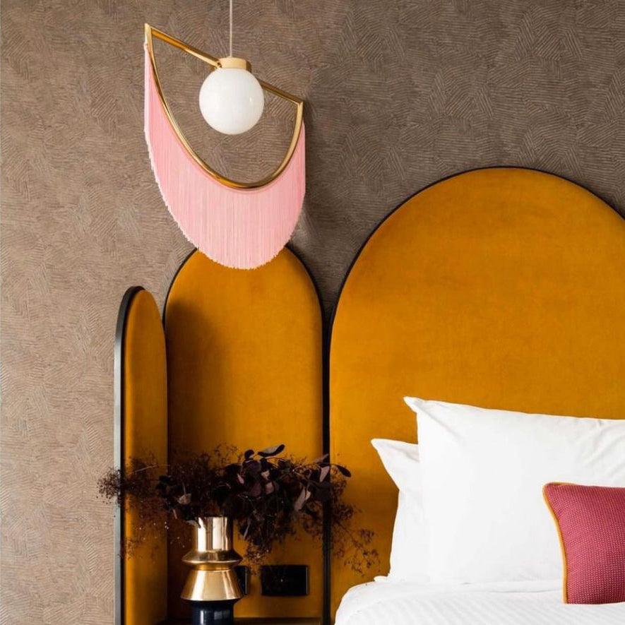 Solara Pendelleuchte Stoff Fransen Globus Retro Boho-Letslighting