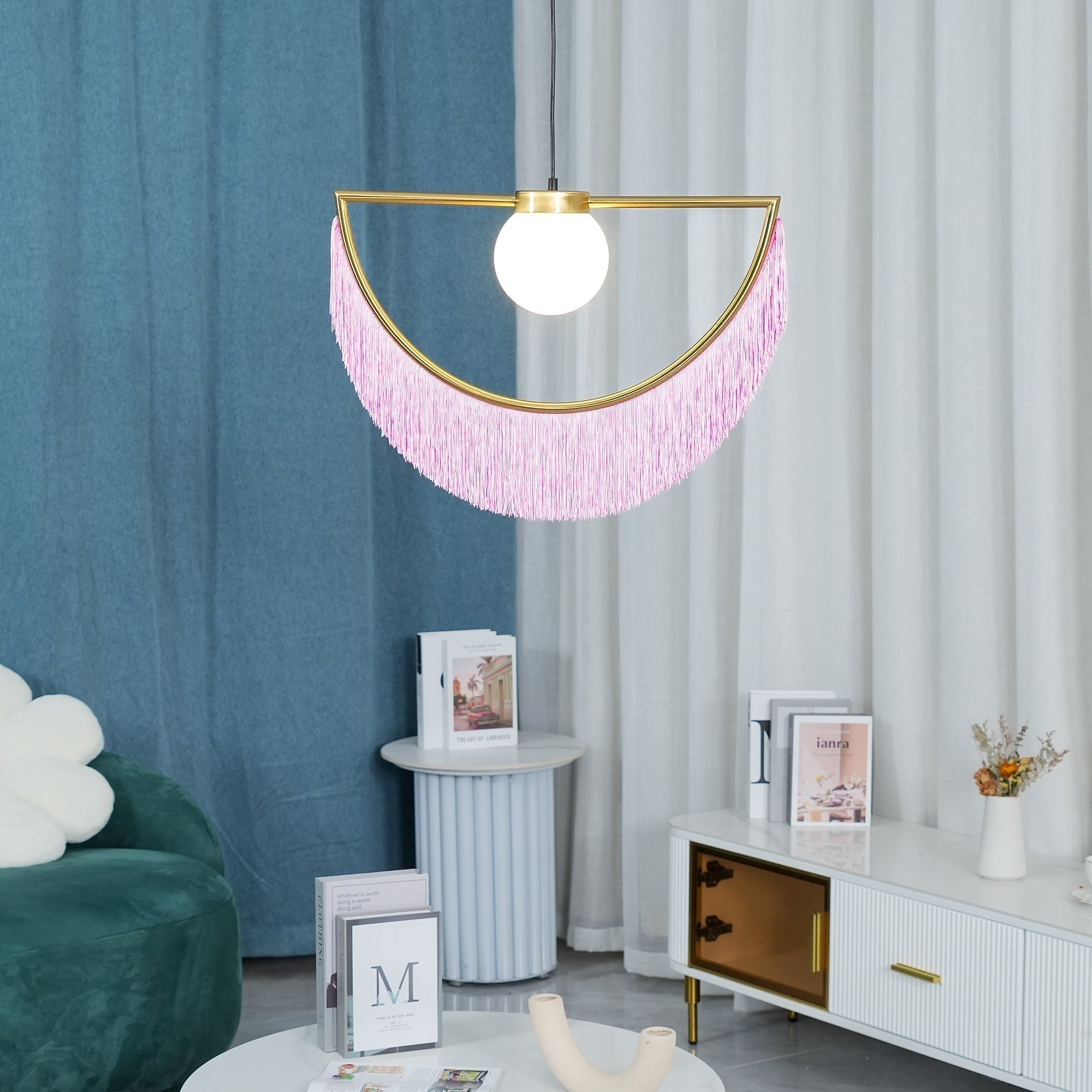 Solara Pendelleuchte Stoff Fransen Globus Retro Boho-Letslighting
