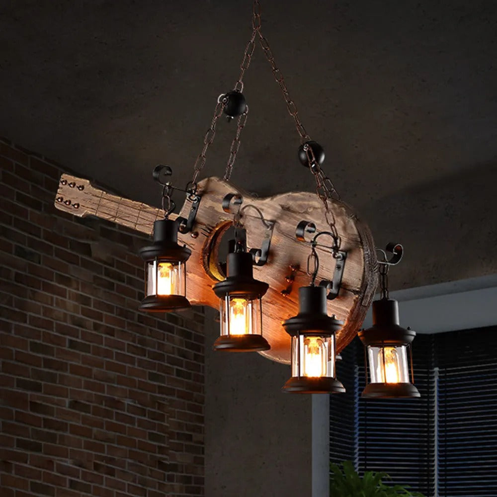 Epoch Vintage LED Pendelleuchte Guitar Käfig Wohnzimmer, Metall Holz