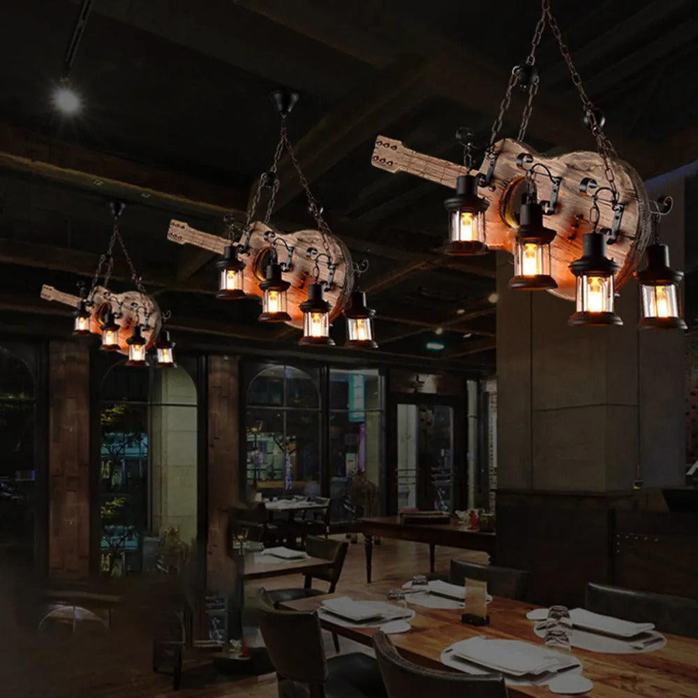 Epoch Vintage LED Pendelleuchte Guitar Käfig Wohnzimmer, Metall Holz