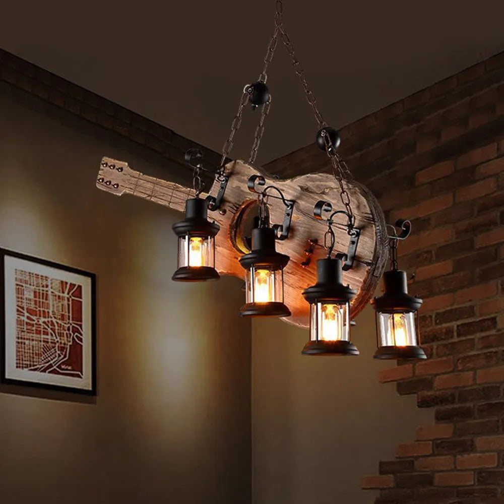 Epoch Vintage LED Pendelleuchte Guitar Käfig Wohnzimmer, Metall Holz